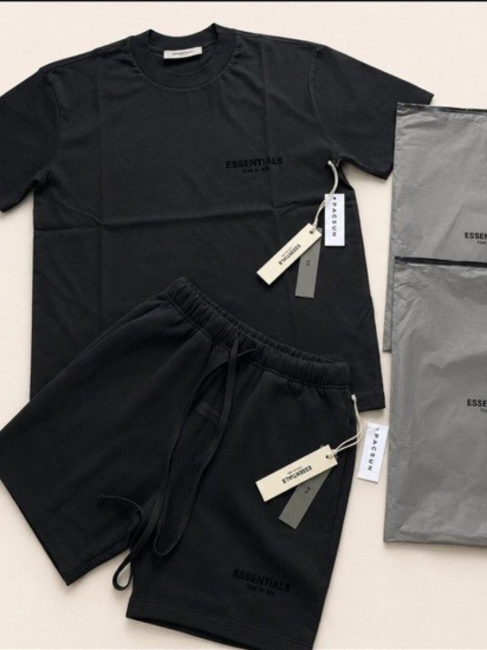 ESSENTIALS short + shirts. Black  Sleeve Tee & Black Drawstring Shorts Set
